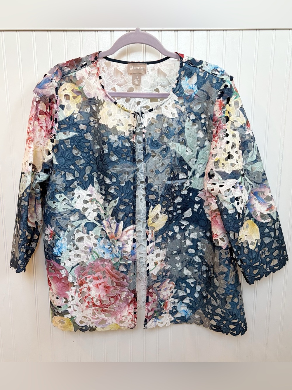 Chico’s Multicolor Floral Guipure Lace Open Front Topper Jacket Women’s Size XL